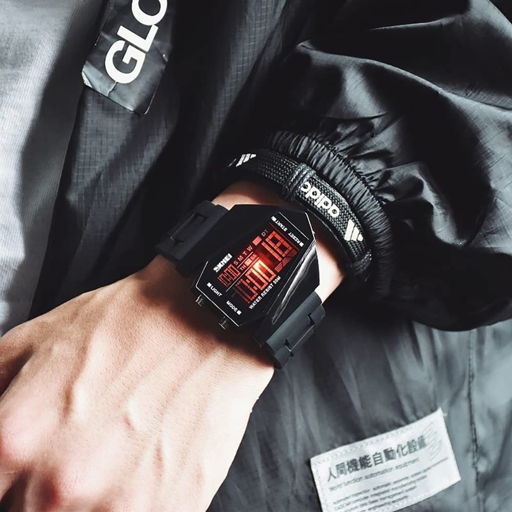 Men Sports Military Watches 5 ATM Digital Airplane Shaped Fashion LED Colorful Light Men Watch (Black)