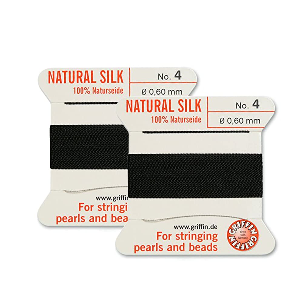 2 Pieces Griffin Silk Beading Cord and Needle, Size 4, Black