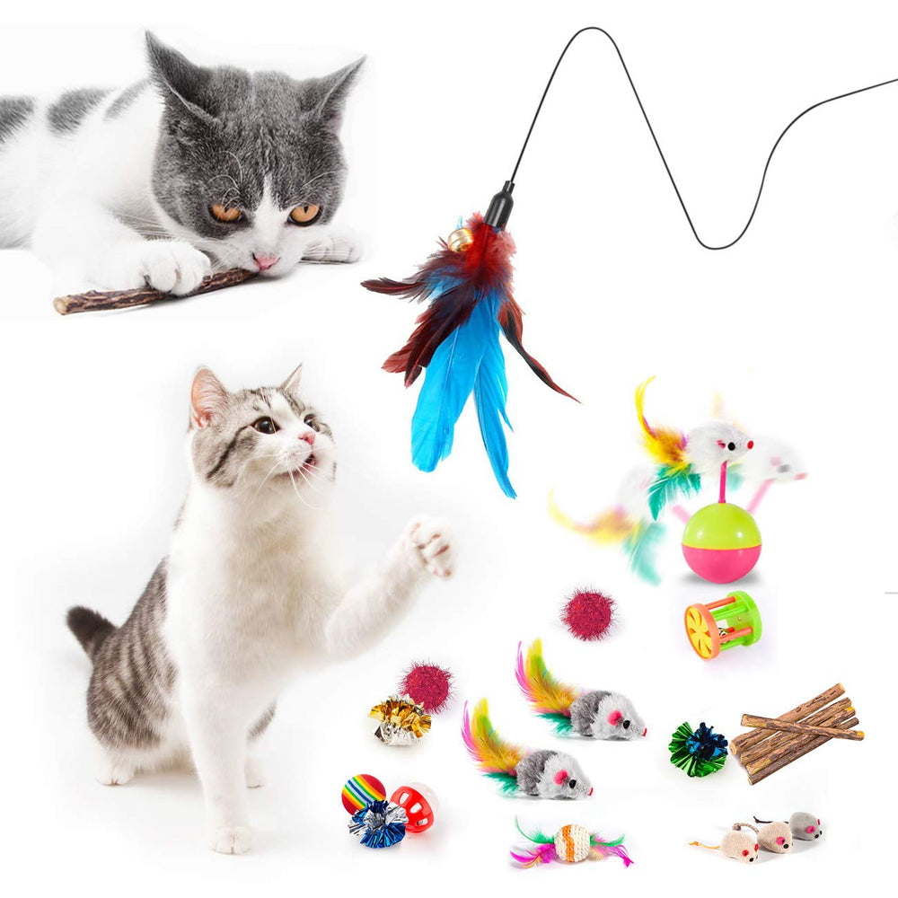 28Pcs Cat Toys Kitten Toys Assorted, Cat Tunnel Catnip Fish Feather Teaser Wand Fish Fluffy Mouse Mice Balls and Bells Toys for Indoor Cat Puppy Kitty Interactive Cat Toy Set