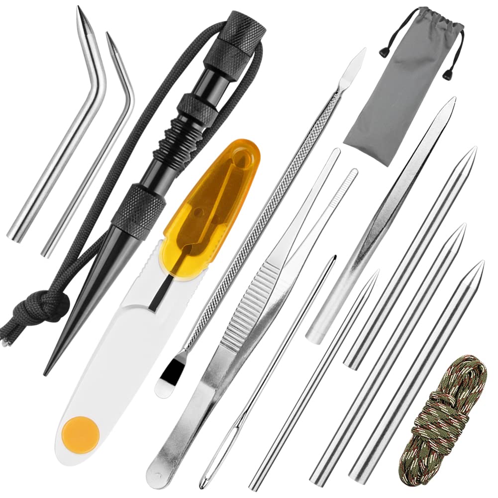 Paracord Tools, 13 Pack Paracord Stitching Paracord FID Set, Knotting Tool Paracord Supplies &amp; Accessories Stainless Steel Lacing Needles Smoothing Tool Knotter with Marlin Spike (Black Sharp)