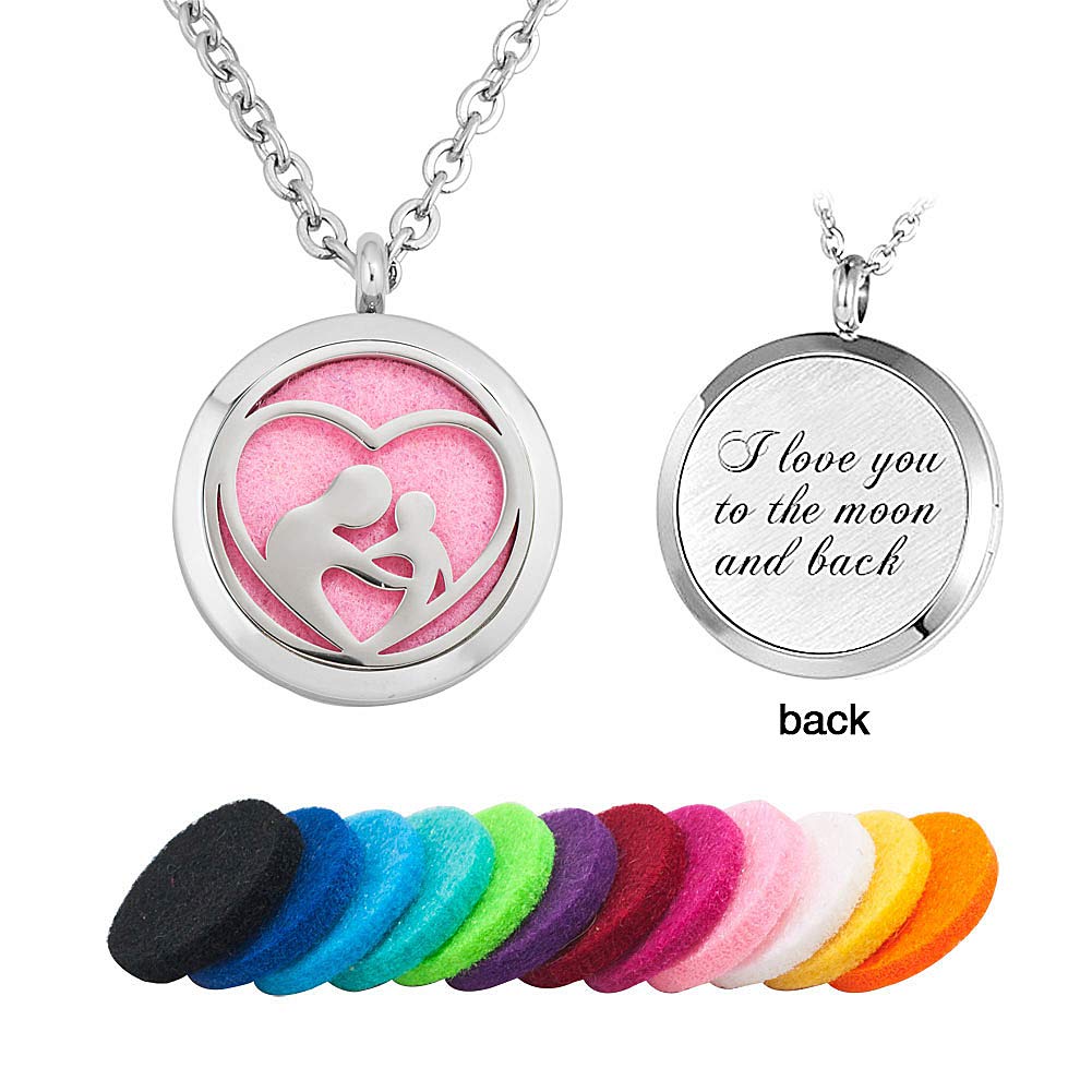 Mother And Child Essential Oil Diffuser Necklace I Love You To The Moon And Back Engraved Locket Aromatherapy Jewelry, 12 Refill Pads