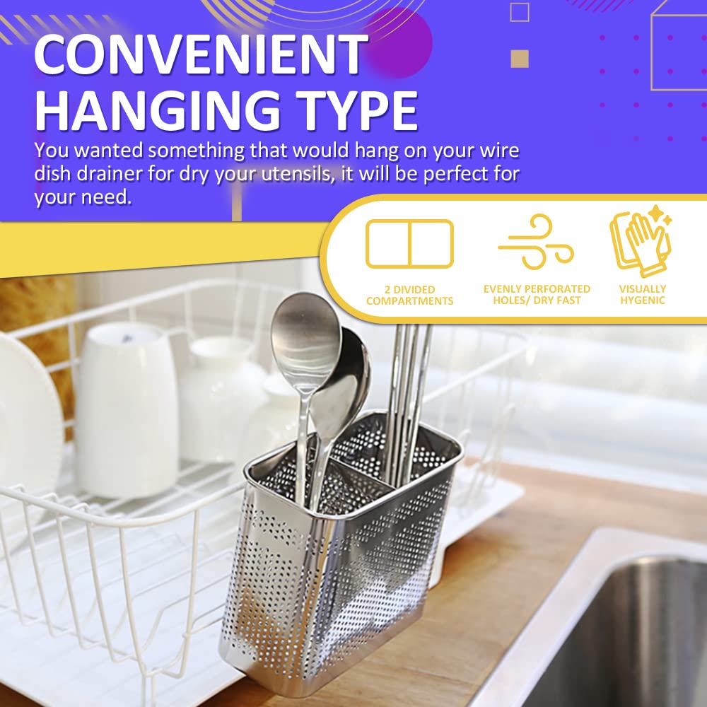 Kitchen Utensils Drying Rack Stainless Steel Flatware Silverware Caddie Holder Basket Organizer with Hook (Medium-2 Compartments)