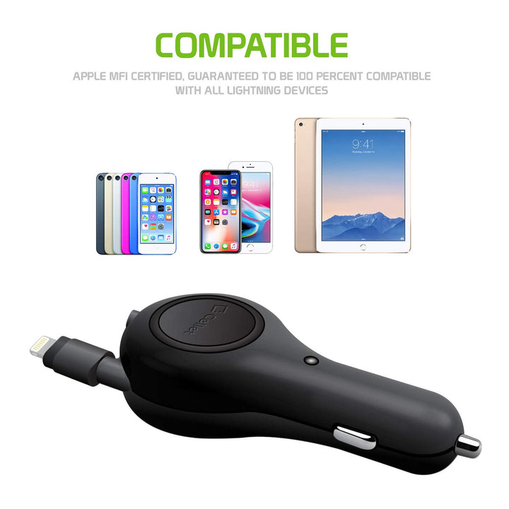 Cellet Retractable Car Charger with Lighting Cable Compatible to Lightning with Apple iPhone 14 Pro Max Plus 13 12 SE11 Xr Xs X iPad Pro Air Mini iPod Touch Nano (Apple MFI Certified) 3-feet