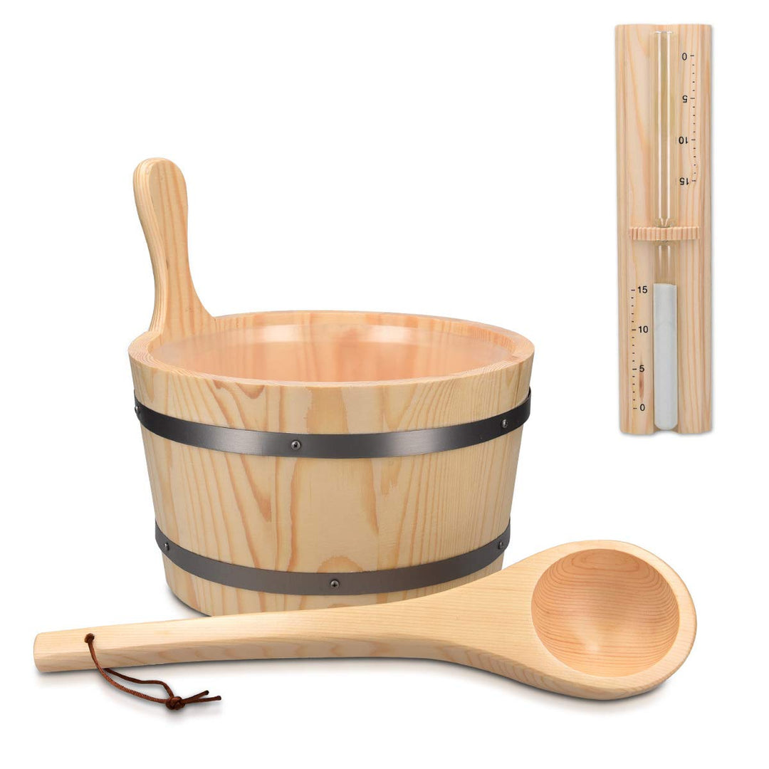 Wooden Sauna Bucket with Ladle - Essential Spa Accessory for Steam Room with 1.3 Gallon Pine Wood Bucket, Plastic Liner, Ladle, Sand Timer