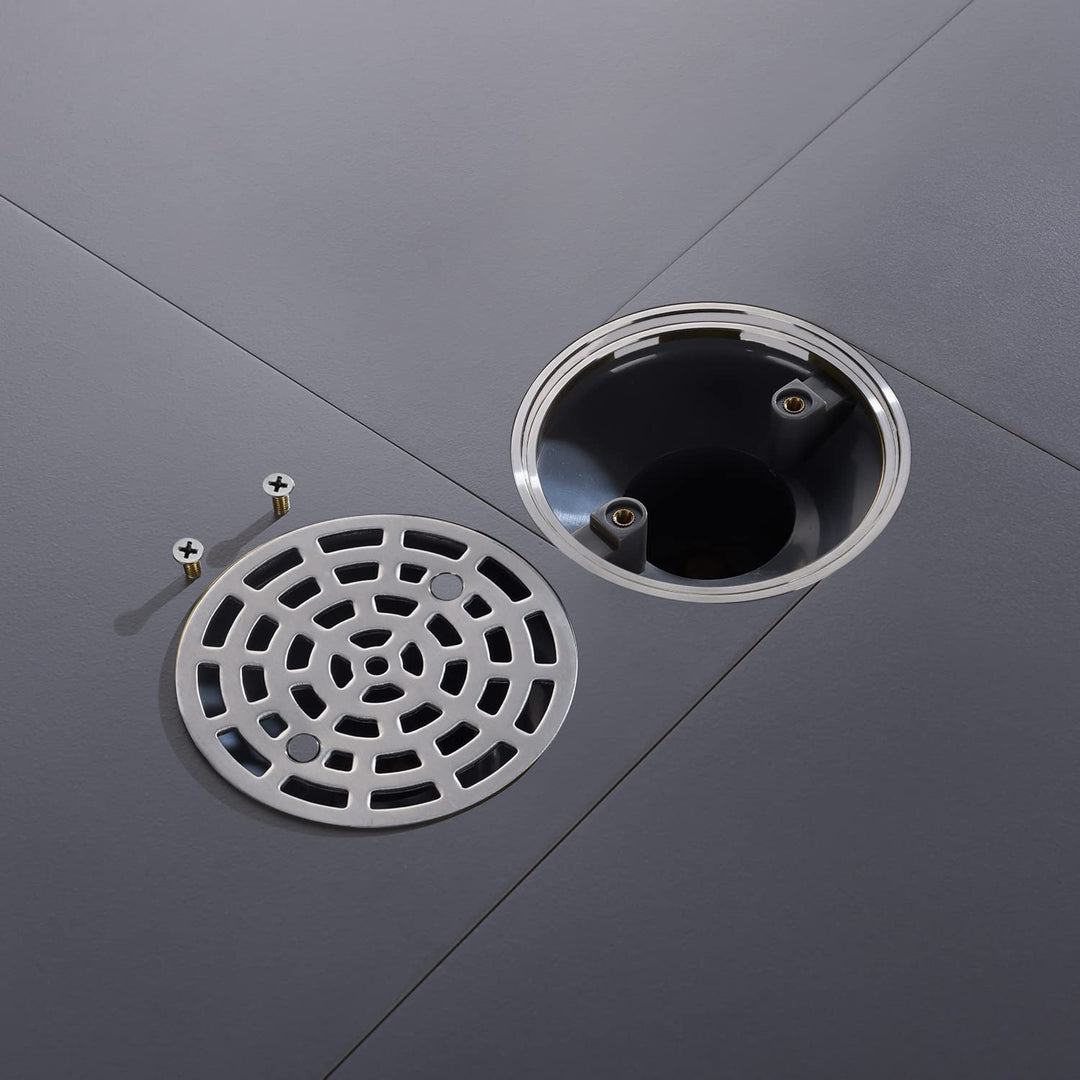 4 1/4 Shower Drain Round Brushed Nickel, Removable Grille Strainer Screws in Drain Cover, Base with Adjustable Drain Flange Kit PVC, SUS304 Stainless Steel