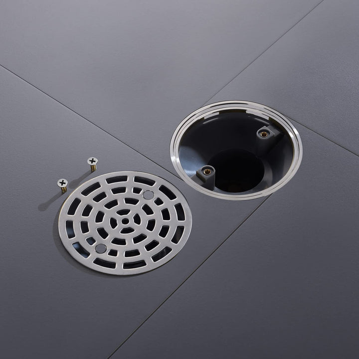 4 1/4 Shower Drain Round Brushed Nickel, Removable Grille Strainer Screws in Drain Cover, Base with Adjustable Drain Flange Kit PVC, SUS304 Stainless Steel