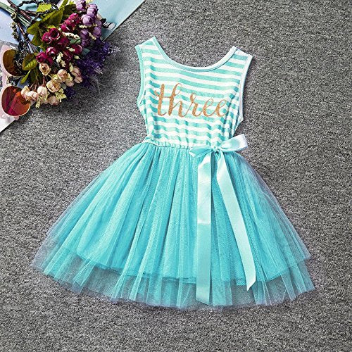 Baby Girls 3rd Birthday Outfit Sleeveless Striped Tulle Tutu Dress 3 Years Birthday Cake Smash Outfits Princess Tutu Skirt Shiny Print Party Bow Skirt Summer Clothes Photo Prop Turquoise-Three Years