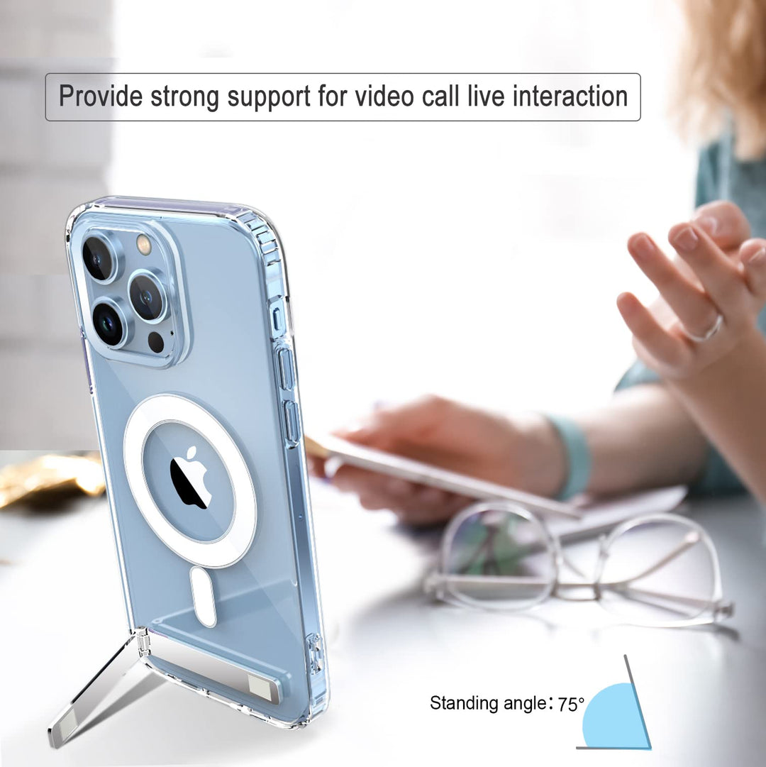 for iPhone 13 Pro Max Case Clear, [Three-Way Stand Magnetic Case] Compatible with MagSafe Charger [with Metal Kickstand] Transparent Hard PC Back Slim Shockproof Protective Case