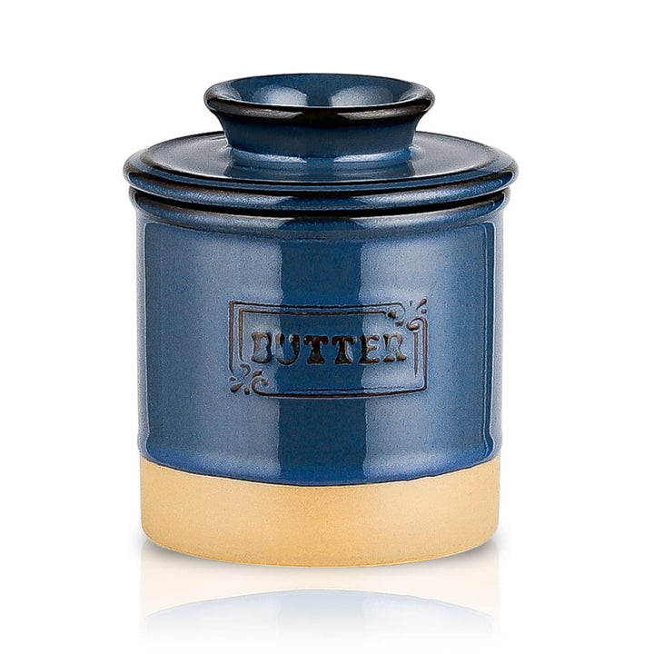 Ceramic Butter Crock, French Butter Dish with Lid for Countertop, Butter Keeper for Counter, Butter Crock with Water, Butter Holder for Soft Butter, Farmhouse Style(Blue)