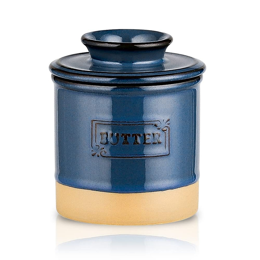 Ceramic Butter Crock, French Butter Dish with Lid for Countertop, Butter Keeper for Counter, Butter Crock with Water, Butter Holder for Soft Butter, Farmhouse Style(Blue)
