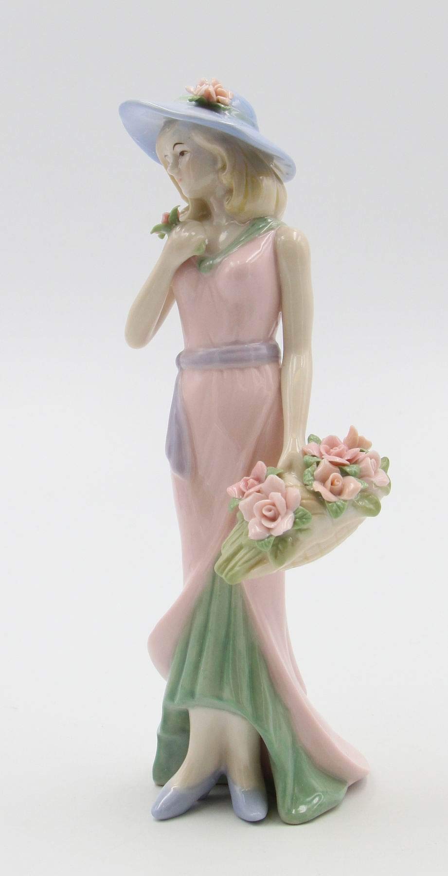 Fine Porcelain Lady with Pink Rose Bouquet Basket Figurine, 7-7/8 H