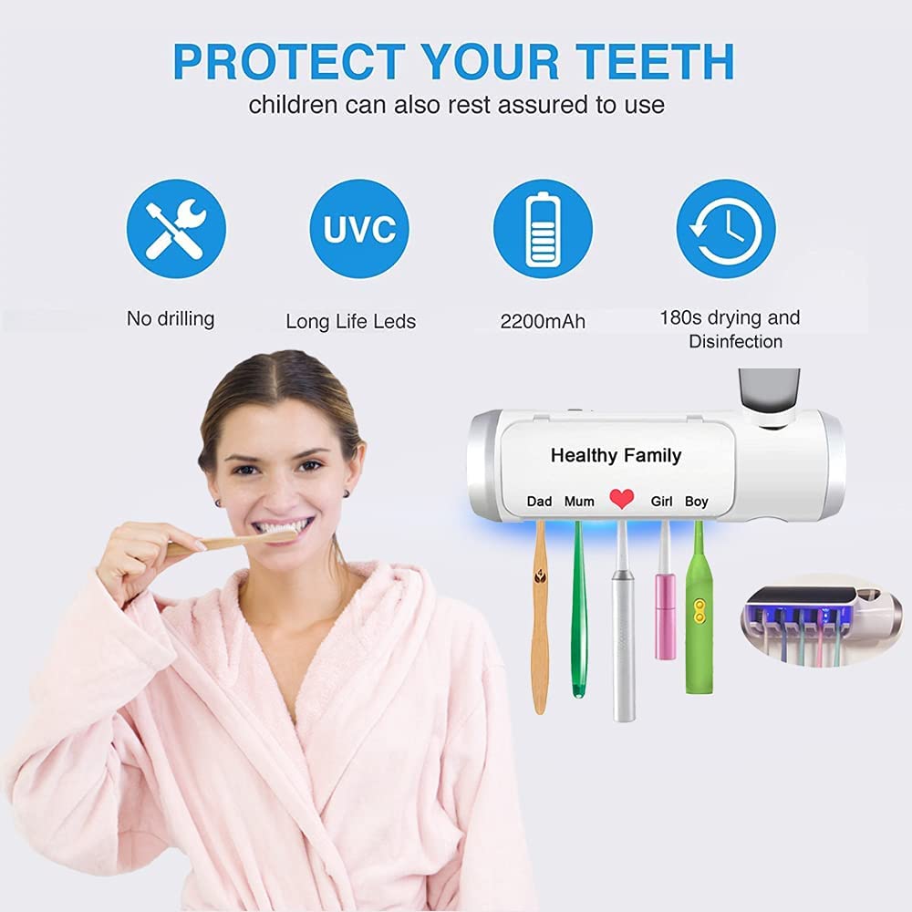 Toothbrush Holder 5 Slots with Cover, Wall Mounted Toothbrush Rack Cleaning Function, Bathroom Space Saving Toothbrush Organizer with Writable 3 PCS DIY Stickers