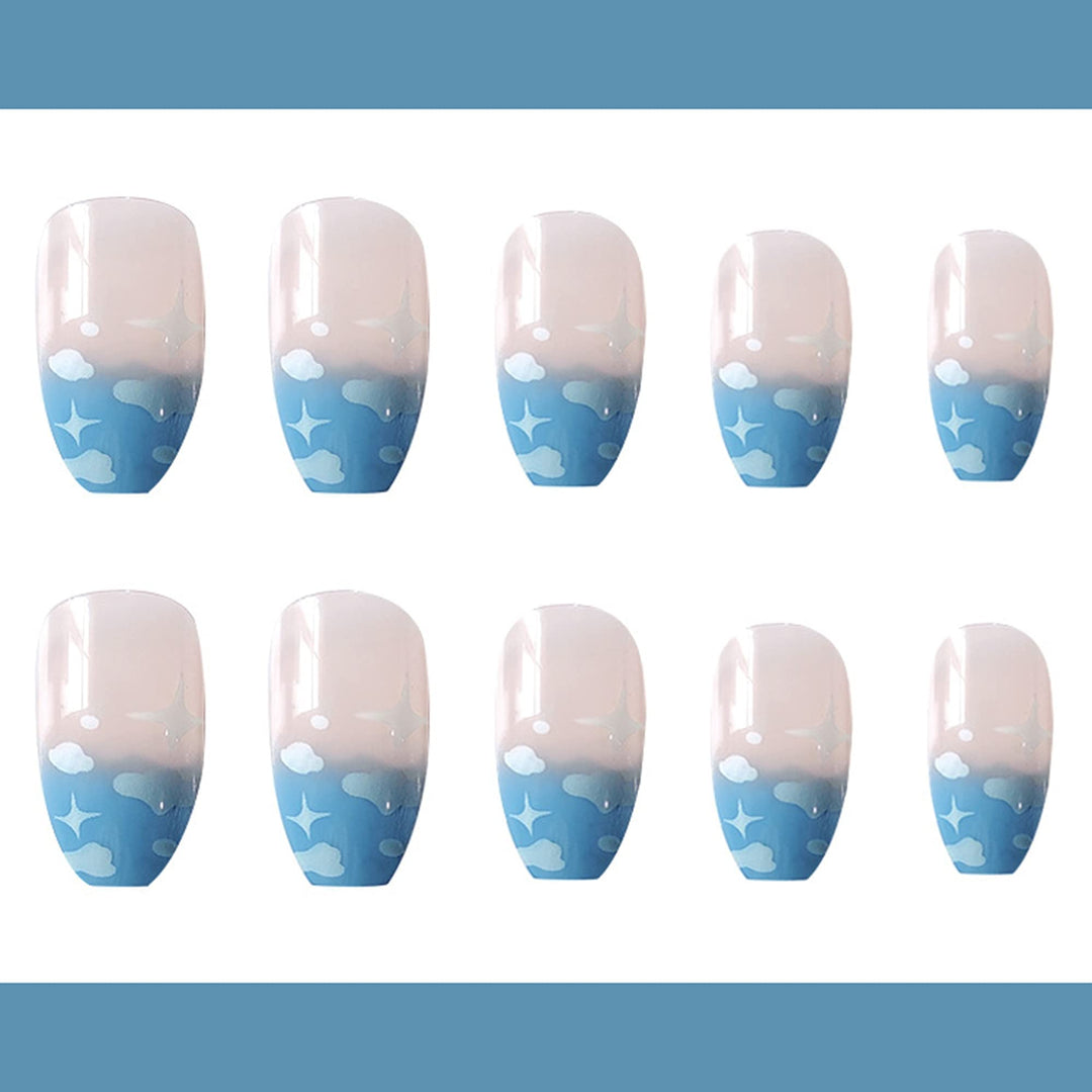 Coffin Press on Nails French Glossy Pink-Blue Cloud Full Cover Medium False Nails for Women Ballerina Nail Art DIY Acrylic Fake Nail Tips Stick on Nails 24Pcs