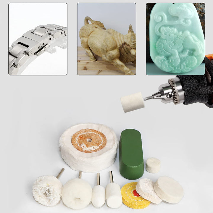 62pc Wool Felt Cotton Abrasive Buffing Wheel Kit,Rotary Tool Accesseries with 3mm Shaft,for Polishing Metal Jewelry Jade