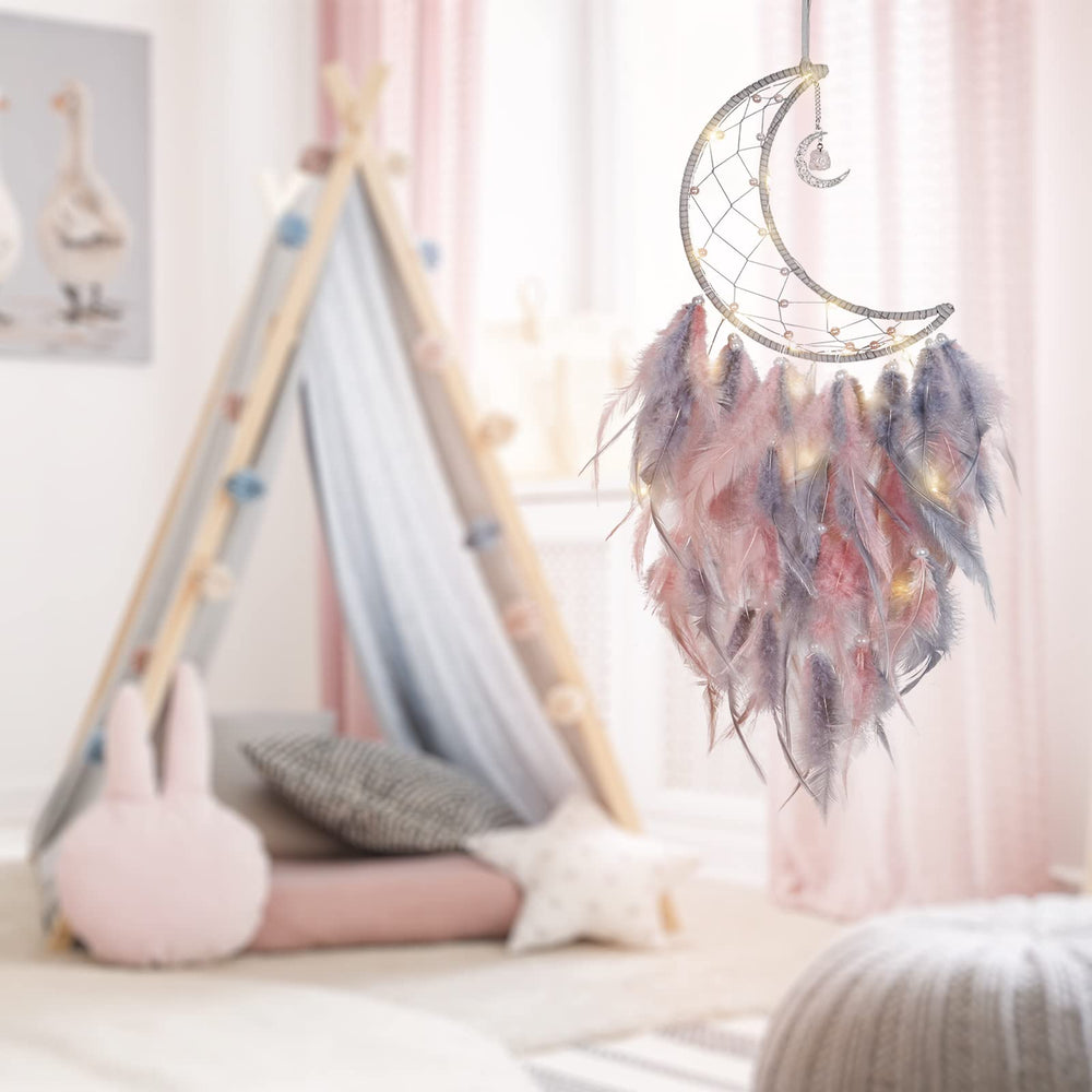 Moon Dream Catcher with Light Handmade Colorful Feather Dream Catchers Lucky Crystal Moon Pendant Wall Hanging Decor for Home Bedroom Decoration Ornament Craft Blessing Gift (Pink Grey)