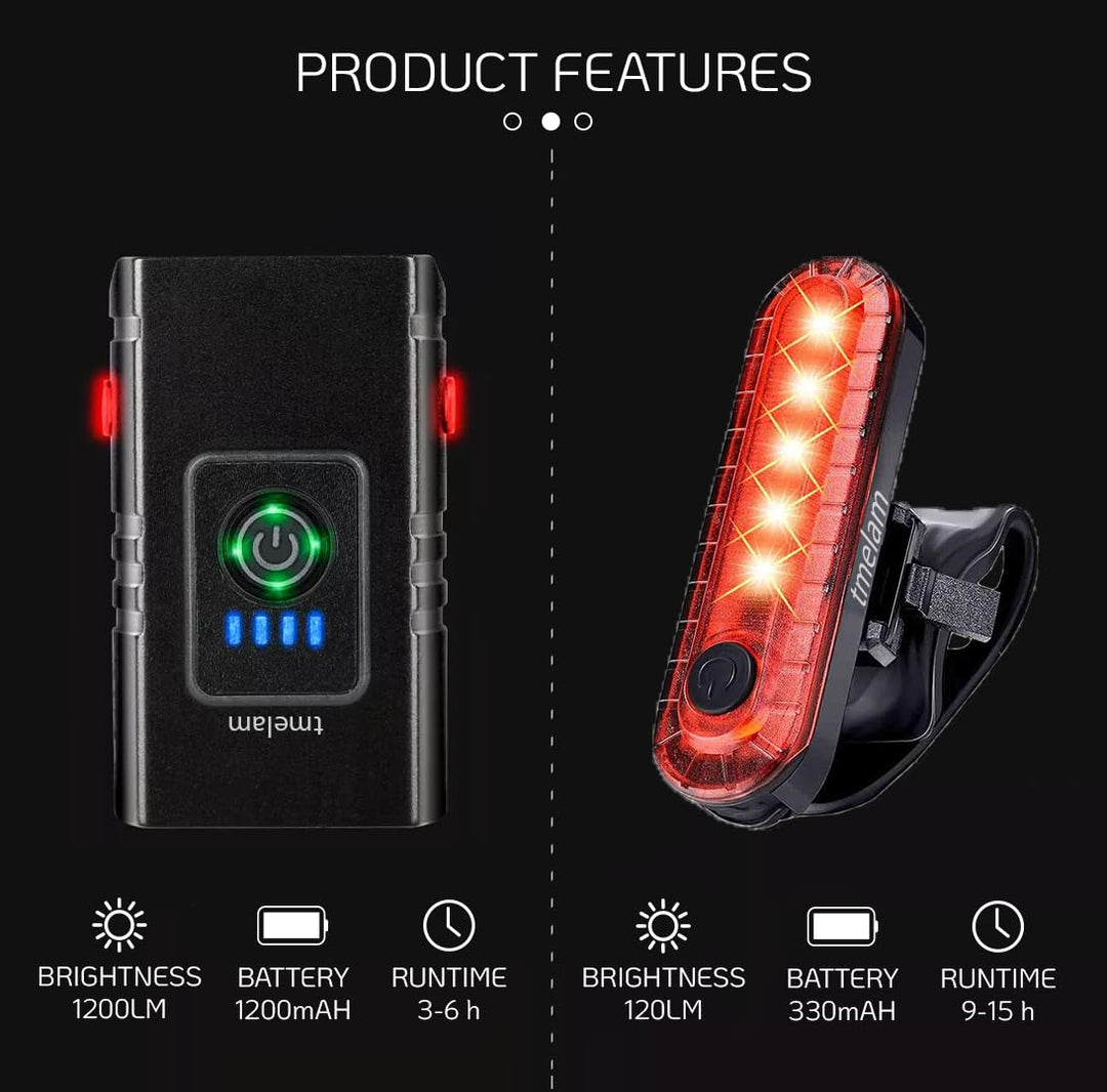 USB Rechargeable Bike Light Set Front and Rear, LED Aluminum Bicycle Headlight, Bike Head Light, Cycling Front Rear Lamp, Waterproof, LED 1200 LM (1 Front 1 Rear)