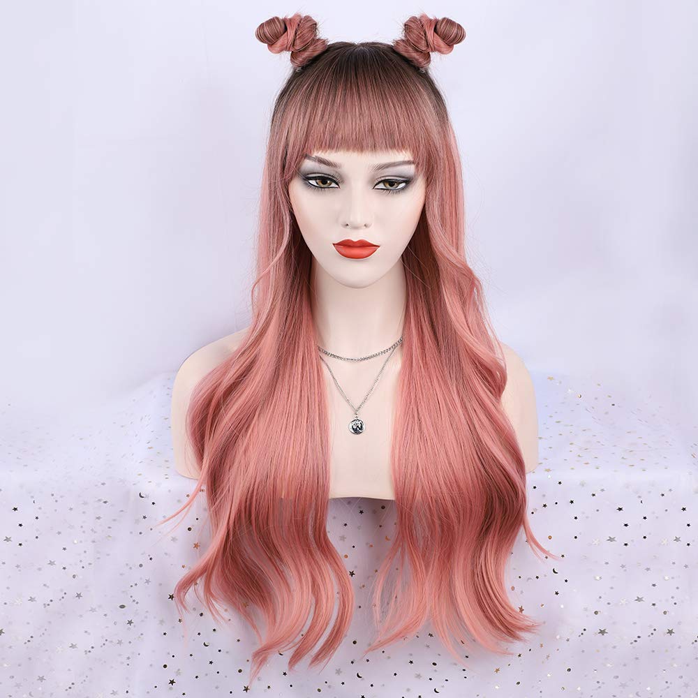 Ombre Pink Wig with Bangs Long Pink Wavy Wigs for Women Long Pink Wavy Wig Pink Ombre Heat Resistant Wigs for Daily Party(Ombre Pink 26inch)
