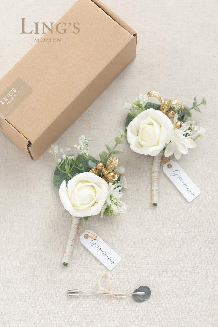 Ling&#39;s Moment Boutonniere for Men, 2pcs Groom Groomsmen Guest Boutonniere, Artificial Flowers for Wedding/Prom/Homecoming, etc.White Baby Breath Ivory
