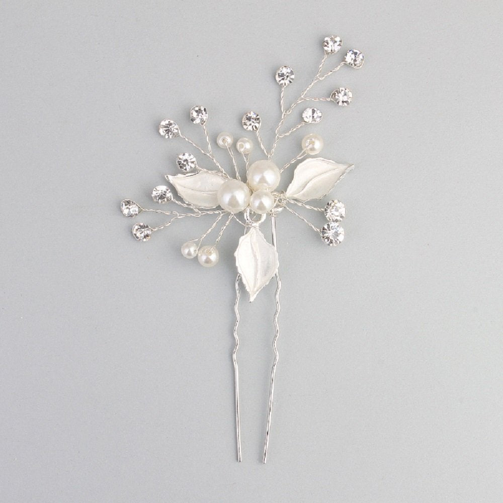 Silver: Ammei Silver Wedding Headpieces For Bride Handmade Leaves Design Bridal Hair Pins With Rhinestones And Pearls Set Of 2 (Silver)