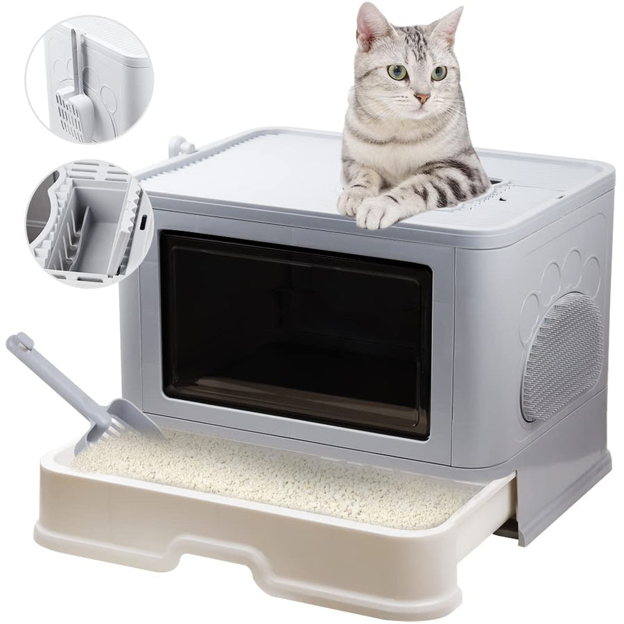 Foldable Cat Litter Box, Large Top Entry Anti-Splashing with Lid, Enclosed Potty, Drawer Type Toilet Easy Cleaning, Including Scoop, Grey.