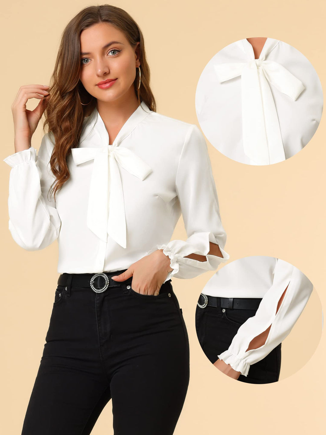 Work Blouse for Women&#39;s Elegant Bow Tie Neck Long Sleeve Shirt Top Medium White