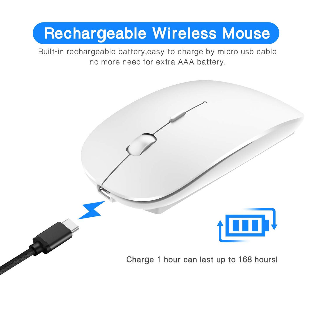 2.4GHz Wireless Bluetooth Mouse,Dual Mode Slim Rechargeable Wireless Mouse Silent USB Mice, 3 Adjustable DPI,Compatible for Laptop Windows MacBook Android MAC PC Computer (White)