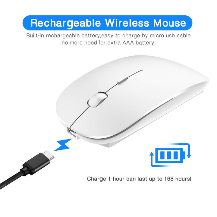 2.4GHz Wireless Bluetooth Mouse,Dual Mode Slim Rechargeable Wireless Mouse Silent USB Mice, 3 Adjustable DPI,Compatible for Laptop Windows MacBook Android MAC PC Computer (White)