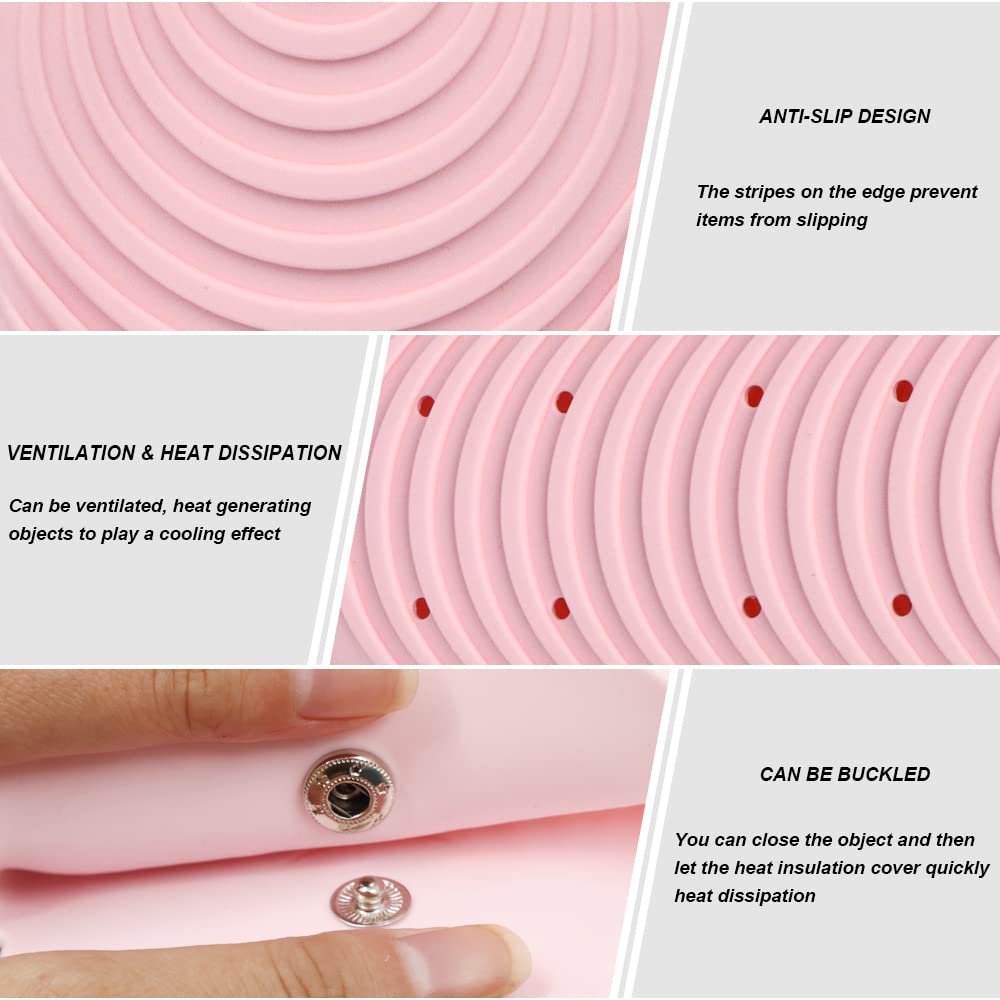 Heat Resistant Silicone Mat Pouch for Hair Straightener, Non-Slip Travel Pad Cover for Curling &amp; Flat Iron, Portable Styling Heat Mat Holder for Curler Wand and Hot Waver (Pink)