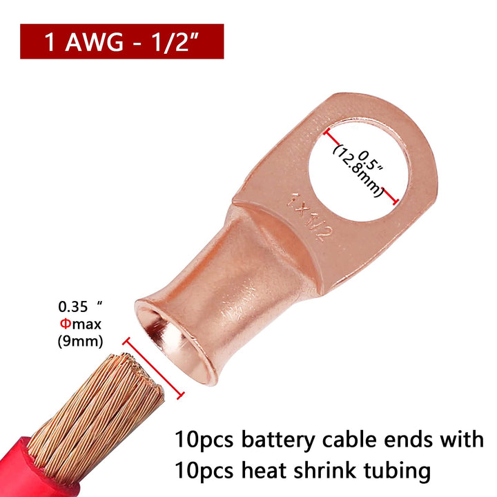 10pcs 1 AWG-1/2 Battery Lugs,Copper Wire Lugs,Heavy Duty Battery Cable Ends,Tubular Ring Terminals,AWG Crimp Wire Ring Lugs,Battery Terminal Connectors with 3:1 Heat Shrink Tubing