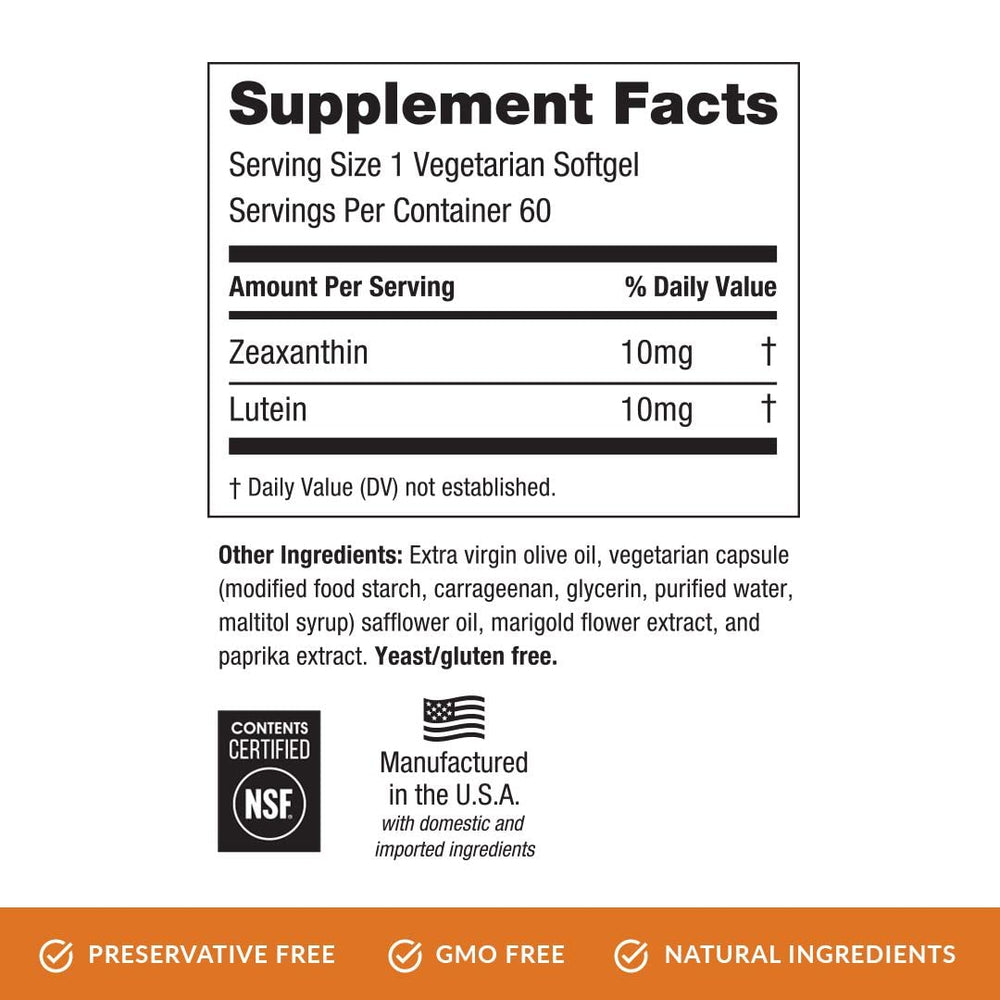 Zeaxanthin + Lutein Eye Vitamin - 60 Softgels Capsules Made with Natural Ingredients for Diets Including Gluten Free and Vegetarian - Protect & Enhance Your Eye Health Completely