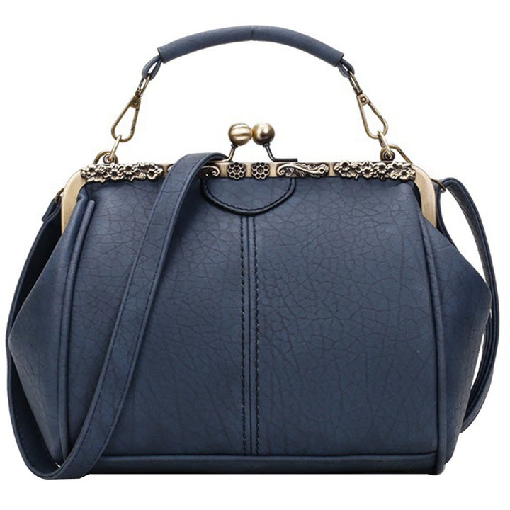 Women Small Retro Kiss Lock Pu Leather Vintage Purses and Handbags Tote Bags Navyblue