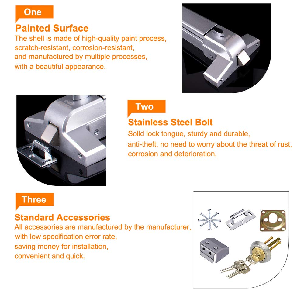 Door Push Bar Panic Exit Device with Exterior Lever Emergency Lock Stainless Steel Commercial Door Push Bar Emergency Panic Exit Bar Handle Door Hardware for Metal Wood Door