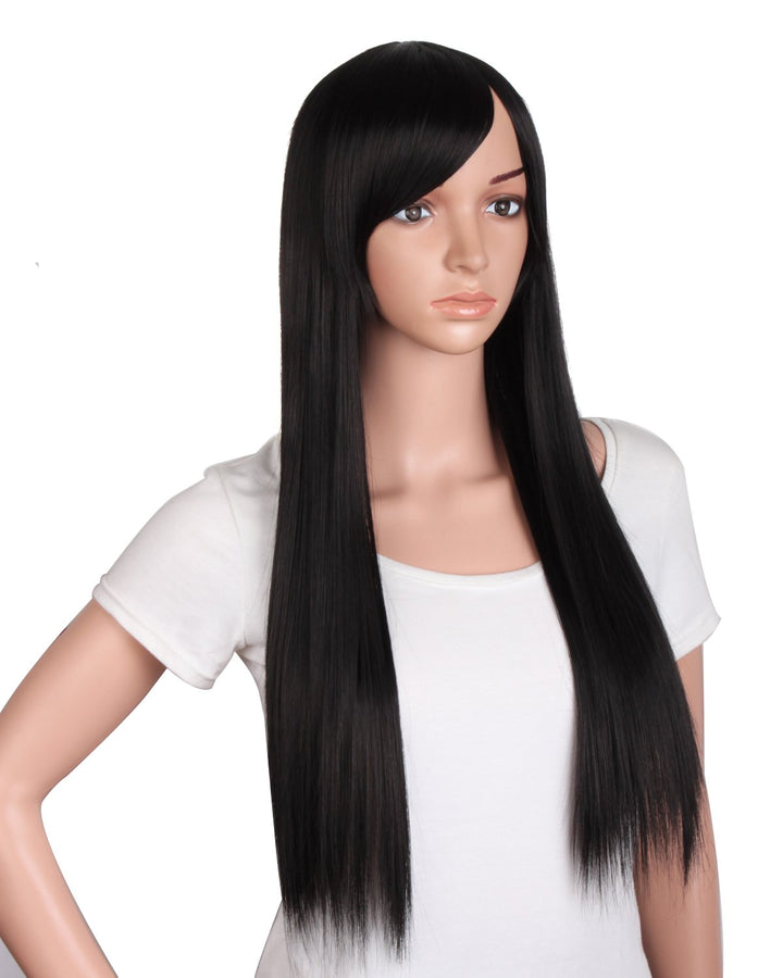 28 / 70cm Beautiful Synthetic Women&#39;s Oblique Bangs Long Straight Wig (Black)