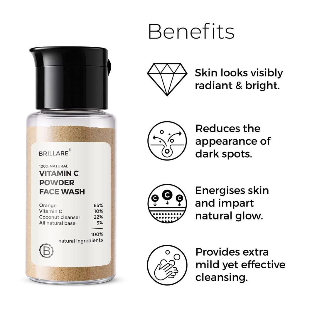 Brillare Vitamin C Face Wash for Pigmentation &amp; Dark Spots, Coconut &amp; Orange Face Wash for Skin Brightening, 100% Natural Powder Facewash, 15g