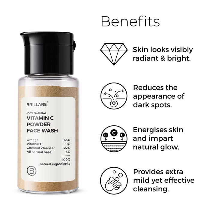 Brillare Vitamin C Face Wash for Pigmentation &amp; Dark Spots, Coconut &amp; Orange Face Wash for Skin Brightening, 100% Natural Powder Facewash, 15g
