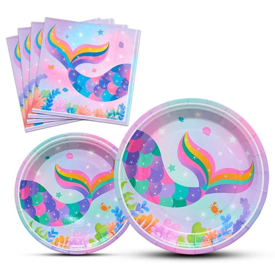 Magical Rainbow Mermaid Party Supplies Set - Mermaid Plates and Napkins Disposable Paper Dinner Dessert Cake Plates Birthday Baby Shower Pool Summer Party Serves 16 Guests 48PCS