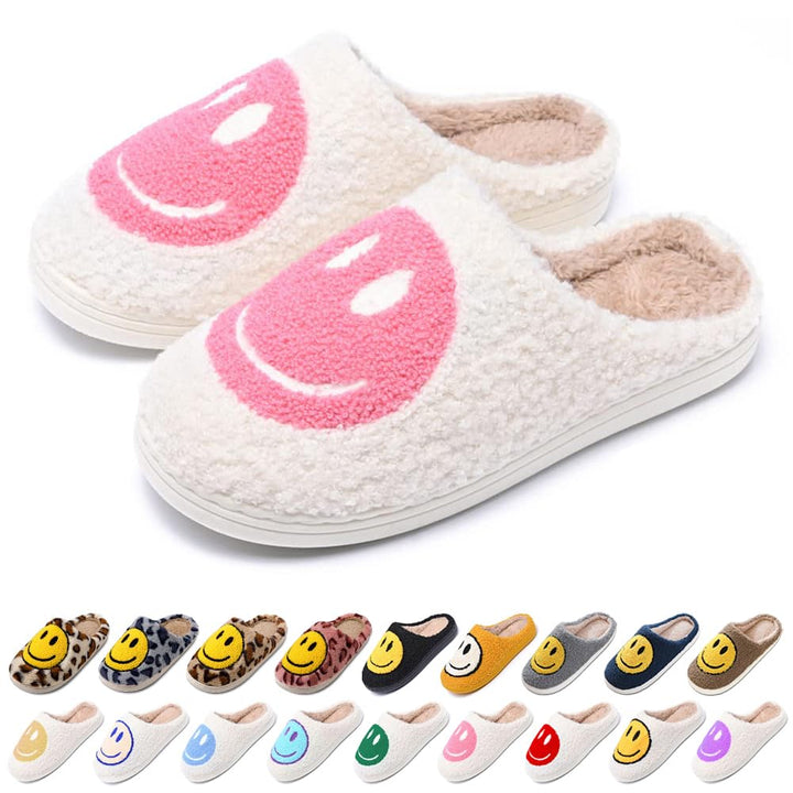 Women&#39;s Men&#39;s Retro Preppy Happy Face Slippers Comfy Warm Plush Slip-On House Slipper for Winter Indoor Soft Cushion Non-slip Fluffy Slides Slippers White-Pink 5.5-6.5 Women/5-6 Men