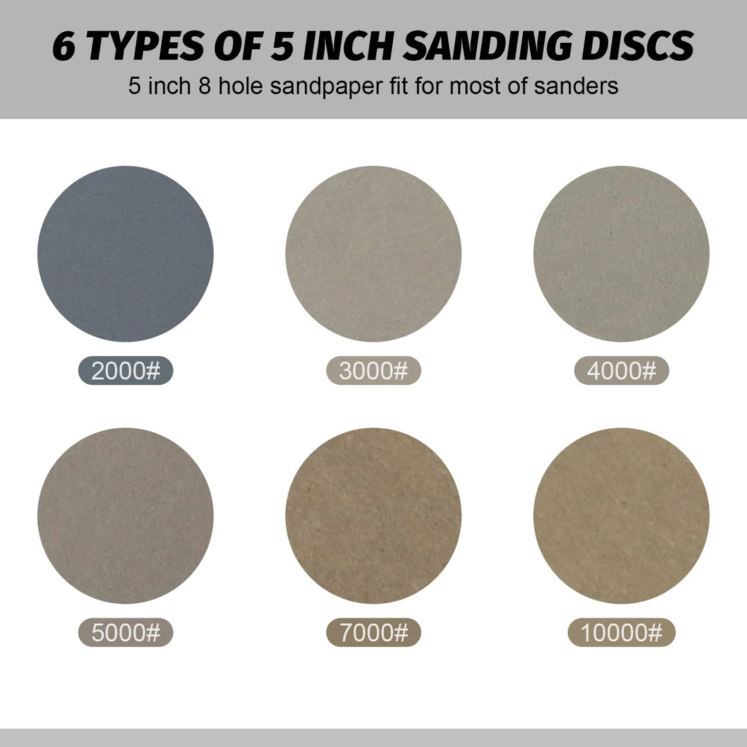 5 Inch Sanding Discs Hook and Loop 8 Hole Heavy Duty Silicon Carbide Sandpaper 2000 3000 4000 5000 7000 10000 Grit with Interface Pad for Wet/Dry Sanding Grinder Polishing,30 Pack