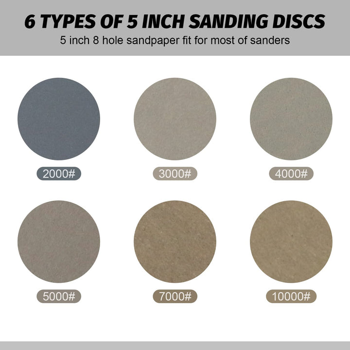 5 Inch Sanding Discs Hook and Loop 8 Hole Heavy Duty Silicon Carbide Sandpaper 2000 3000 4000 5000 7000 10000 Grit with Interface Pad for Wet/Dry Sanding Grinder Polishing,30 Pack