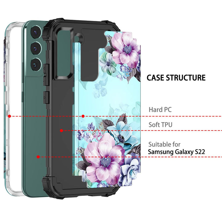 Compatible with Galaxy S22 5G Case,Floral Three Layer Heavy Duty Sturdy Shockproof Full Body Protective Cover Case for Samsung Galaxy S22 5G,Blue Flower