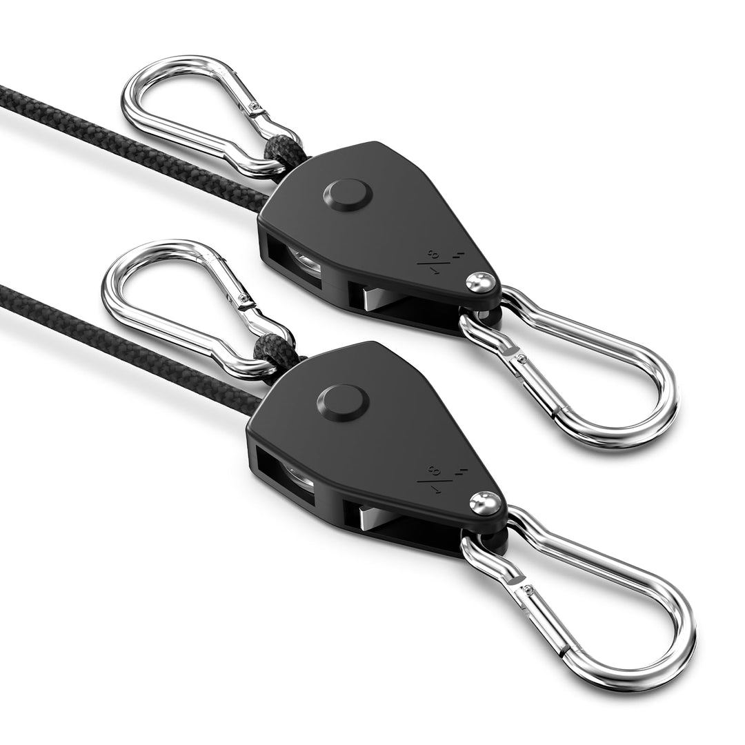 Retractable Heavy Duty Ratchet Tie Down Straps [2 Pack, 8ft, 75lbs/Pack], Rope Pulley System with Carabiner Hook for Hanging Plants/Grow Light/Tents Various Tie-Down Uses