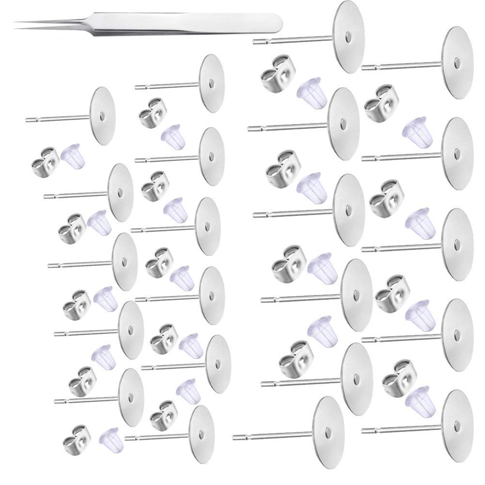 1200PCS 5MM 8MM Hypoallergenic Stainless Steel Earrings Posts Flat Pad Blank Earring Pin Studs with Butterfly Earring Backs and Silicone Bullet Earring Backs for Jewelry Making Findings