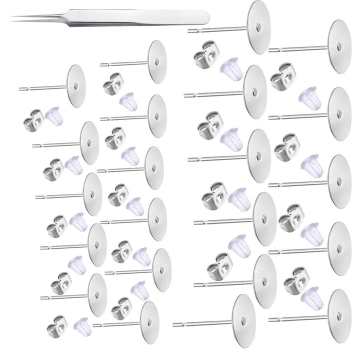 1200PCS 5MM 8MM Hypoallergenic Stainless Steel Earrings Posts Flat Pad Blank Earring Pin Studs with Butterfly Earring Backs and Silicone Bullet Earring Backs for Jewelry Making Findings