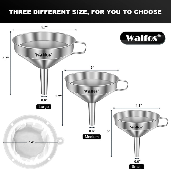 3Pcs Kitchen Funnel with 2 Removable Strainer &amp; 1 Cleaning Brush &amp; 1Pc 200 Mesh Food Filter Strainer, Food Grade Stainless Steel Funnel for Transferring of Liquid, Oils, Jam, Dry Ingredients