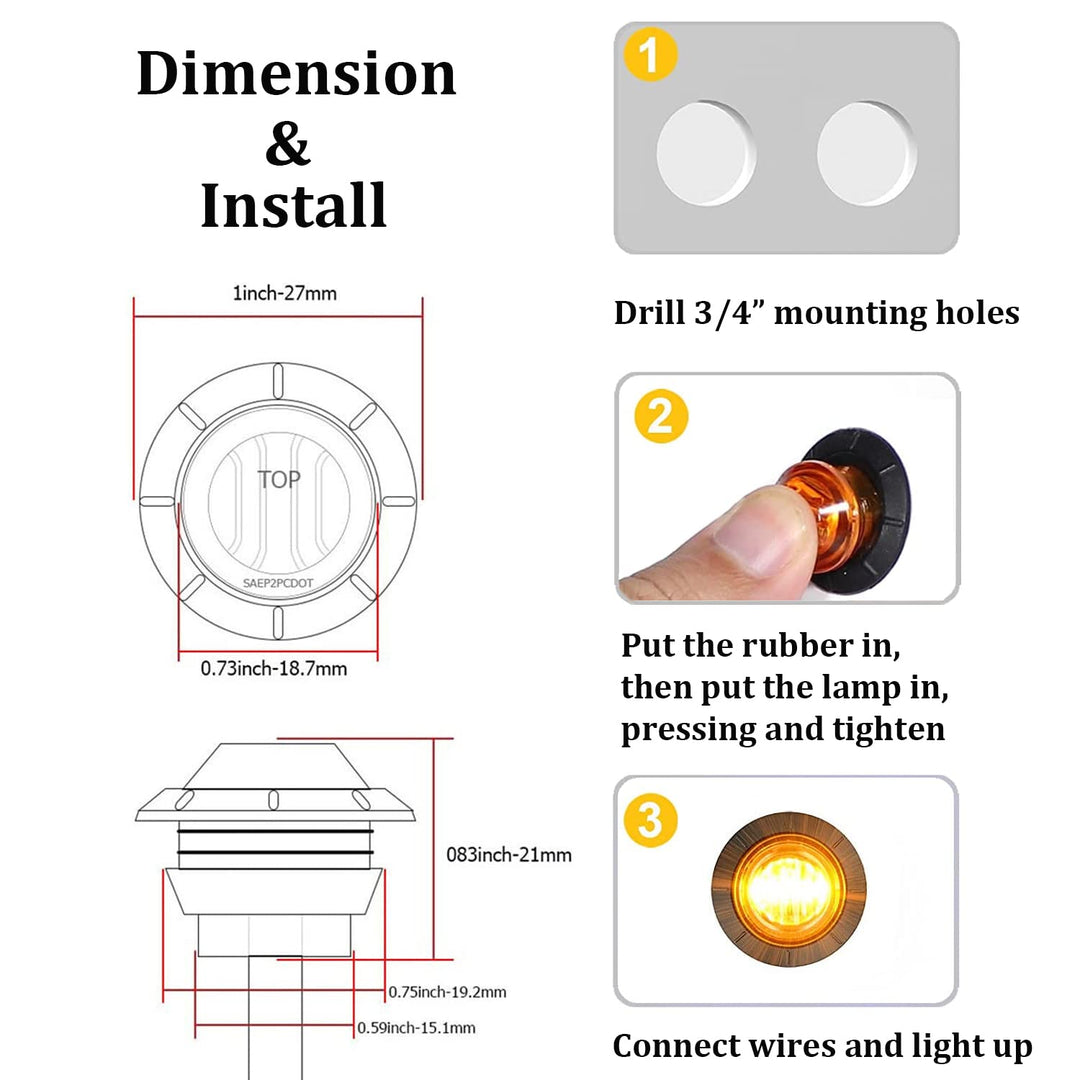 &#39;Purishion 10x 3/4 in&#39; Round LED Clearence Light Front Rear Side Marker Indicators Light for Truck Car Bus Trailer Van Caravan Boat, Taillight Brake Stop Lamp (12V, Red+Amber)