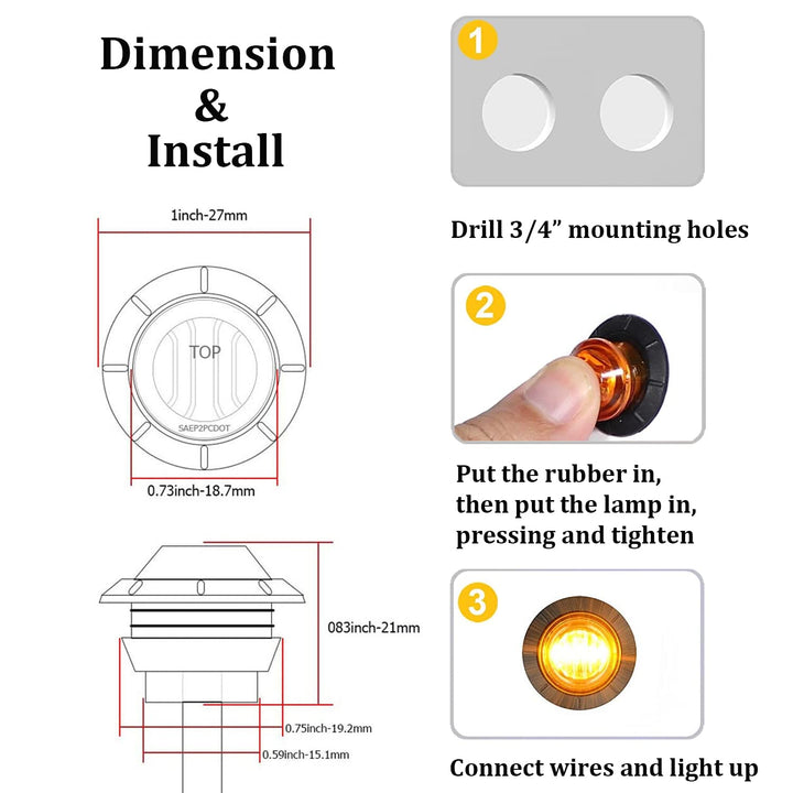 &#39;Purishion 10x 3/4 in&#39; Round LED Clearence Light Front Rear Side Marker Indicators Light for Truck Car Bus Trailer Van Caravan Boat, Taillight Brake Stop Lamp (12V, Red+Amber)