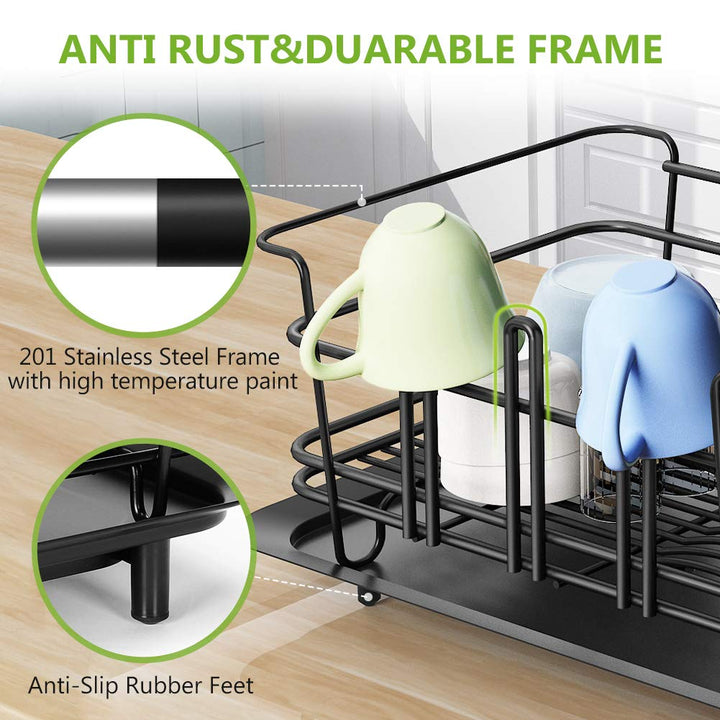 Dish Drying Rack, Dish Drainer for Kitchen Rustproof Dish Rack and Drainboard Set with Removable Utensil Holder and Adjustable Swivel Spout, Countertop or in Sink Dry Rack (Black)