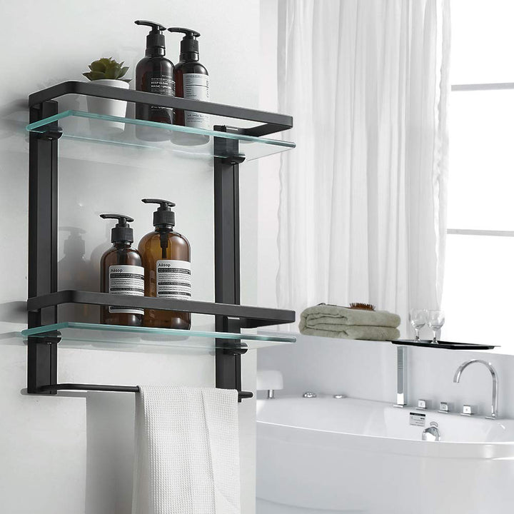 Heavy Duty Lavatory Glass Bathroom Shelf, 2 Tier Tempered Glass Shower Shelves with Towel Bar Wall Mounted, Shower Storage 15 by 5 inches, Matte Black Finish/Aluminum
