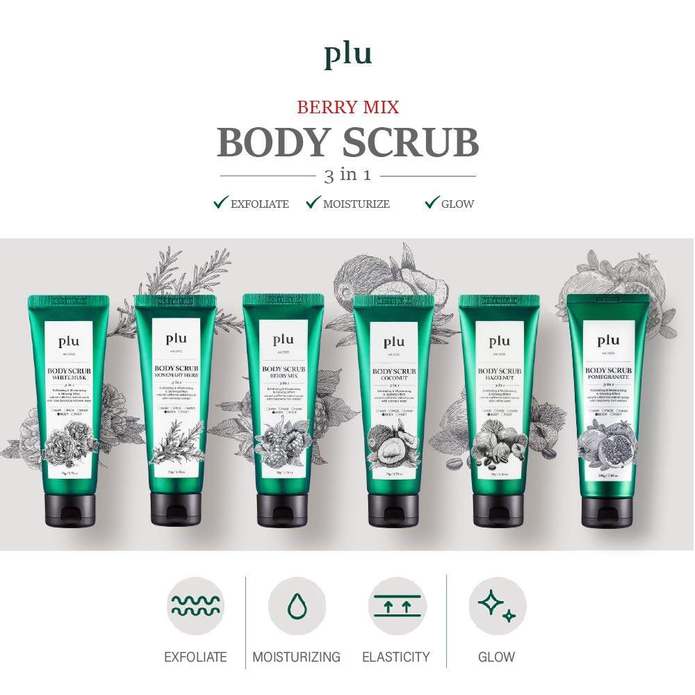 plu Walnut Body Scrub, 3-in-1 Total Care Solution, Exfoliate Moisturize and Glow, 2019 USA Version [Berry Mix/200g]