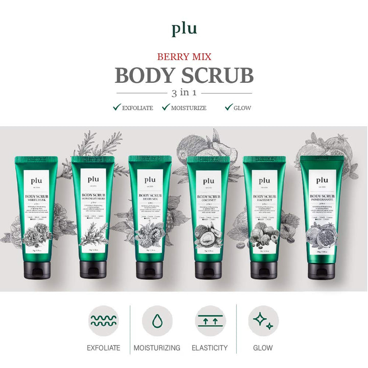 plu Walnut Body Scrub, 3-in-1 Total Care Solution, Exfoliate Moisturize and Glow, 2019 USA Version [Berry Mix/200g]